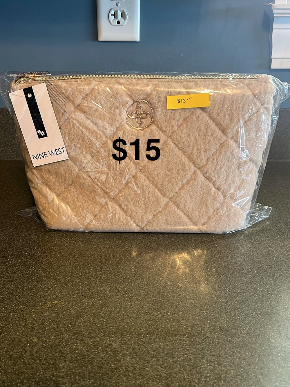 Nine West Quilted Cosmetic Pouch - Light Beige with Gold Accents